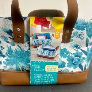 NWT! The Pioneer Woman Blue Floral Basket with Brown Handles